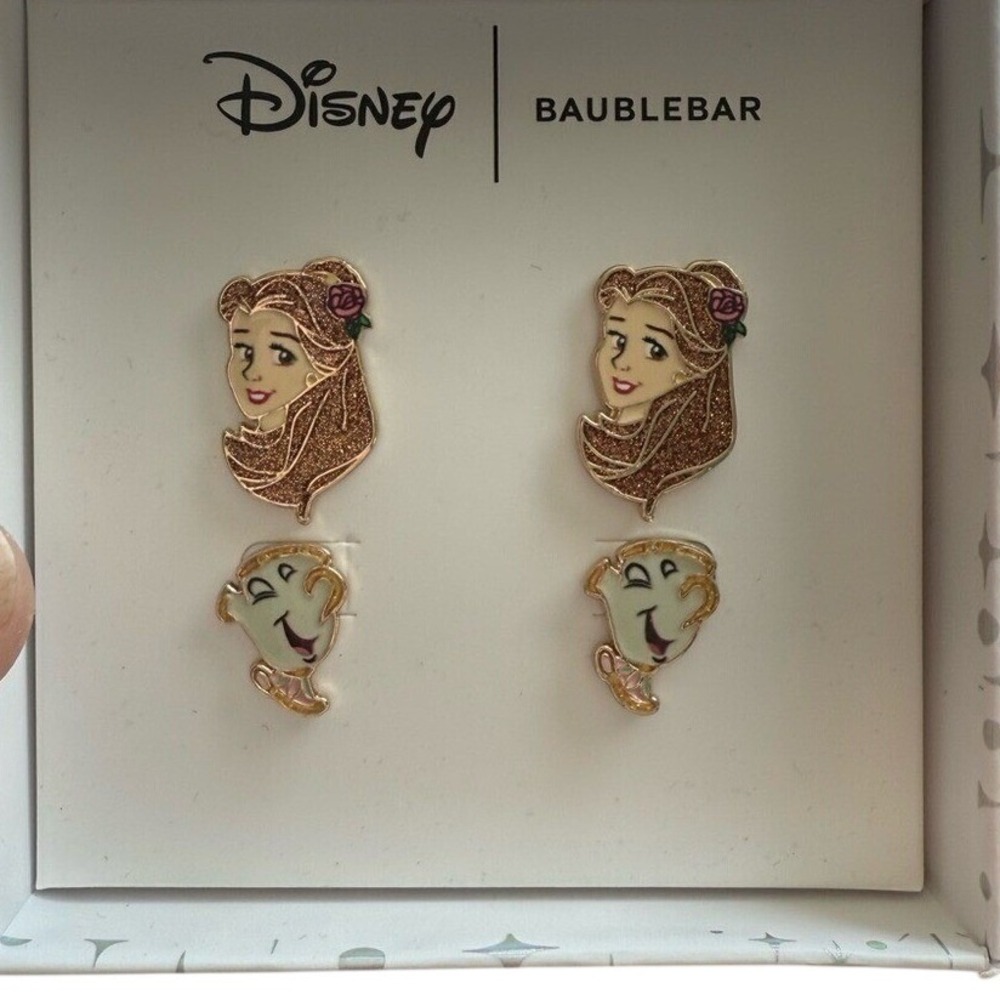 Disney BaubleBar Beauty and‎ the Beast Belle Chip Earring Set Gold Tone Enamel